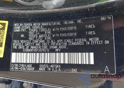 2015 Toyota Highlander Limited V6 z USA, uszkodzony, nr VIN 5TDDKRFH5FS076512